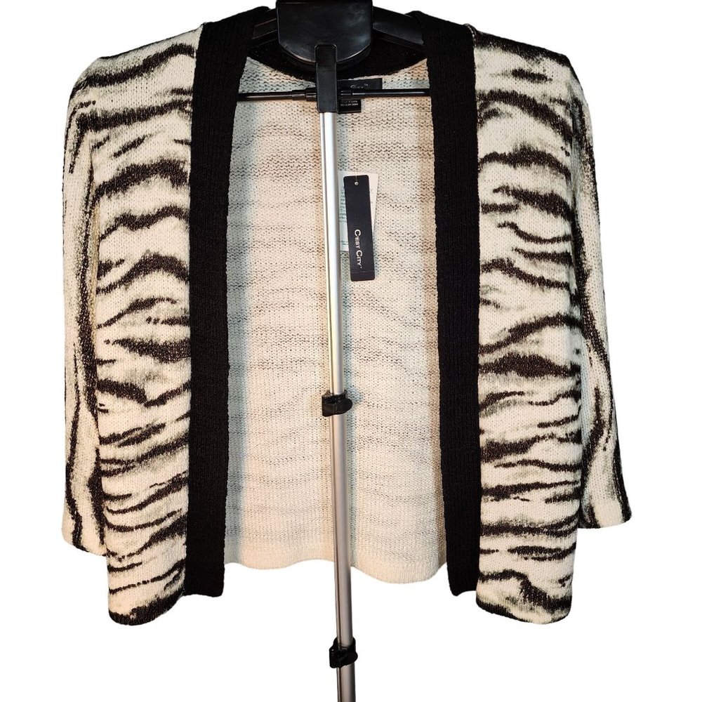 C'EST City Large Cream Gray Black Open Front 3/4 Sleeve Sweater NWT